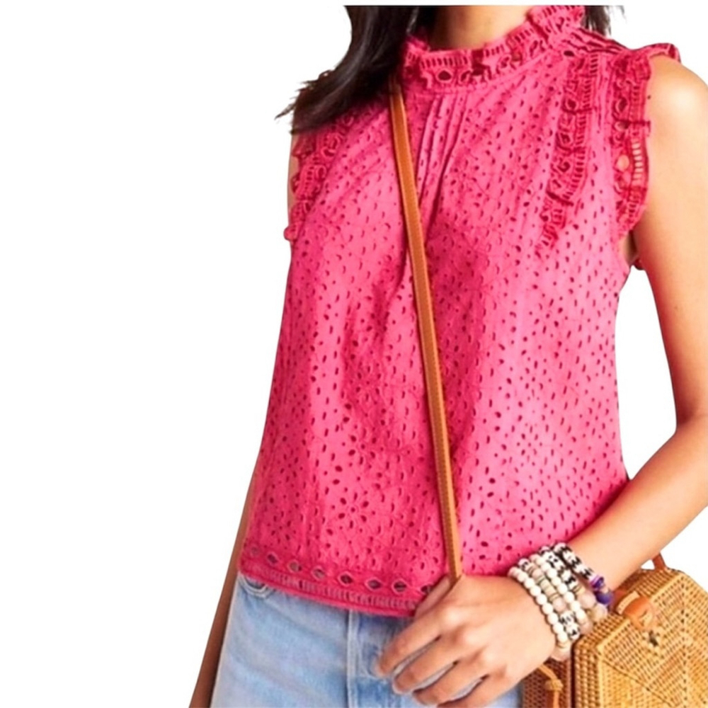 Anthropologie Fuchsia Eyelet Ruffle Top blouse size 6